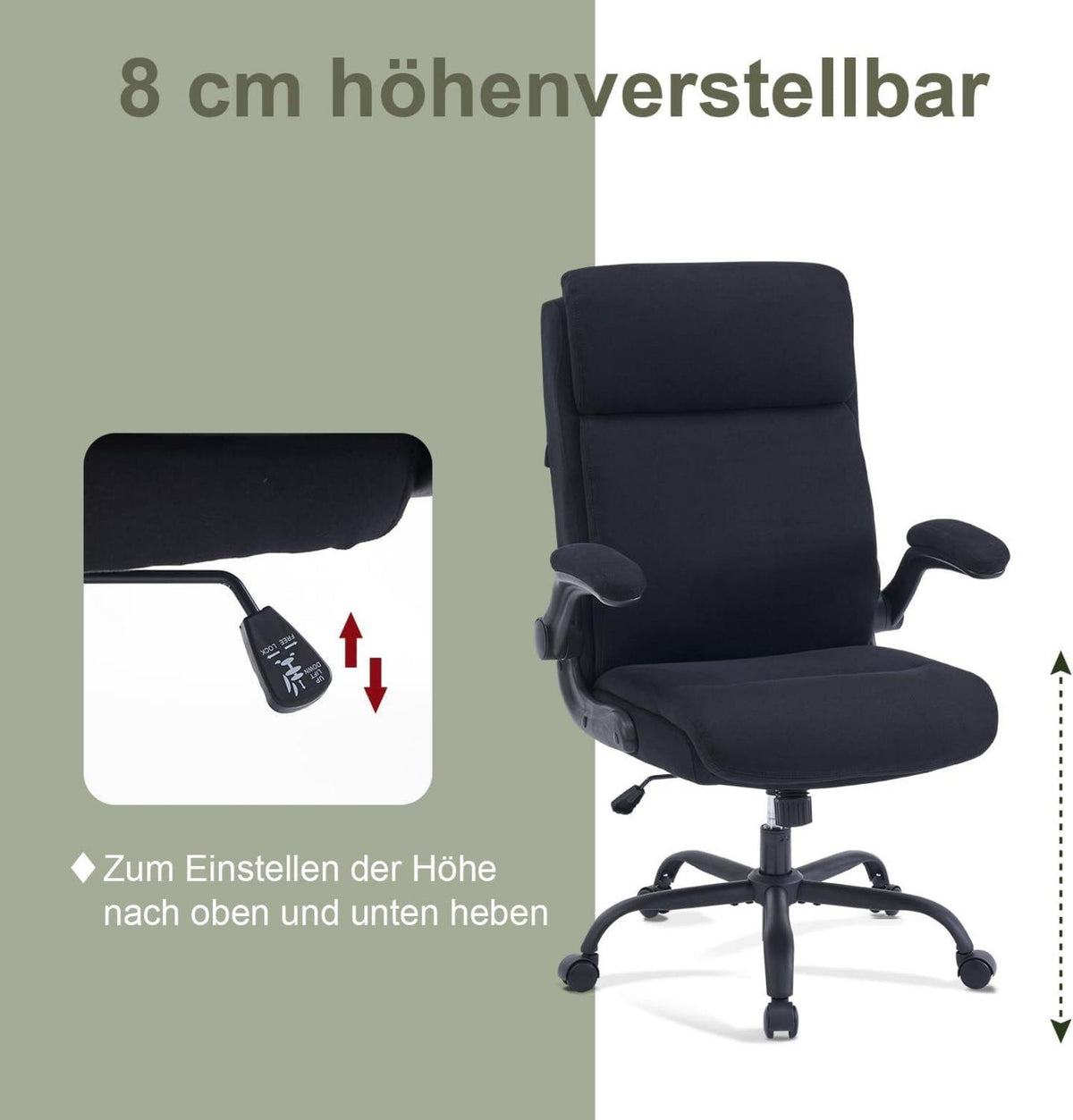 Ergonomischer Bürostuhl mit hoher Rückenlehne und Wippfunktion Schwarz