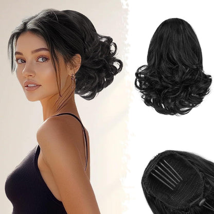 Schwarzes Kurzes Welliges Pferdeschwanz Haarteil 25cm - Damen Ponytail