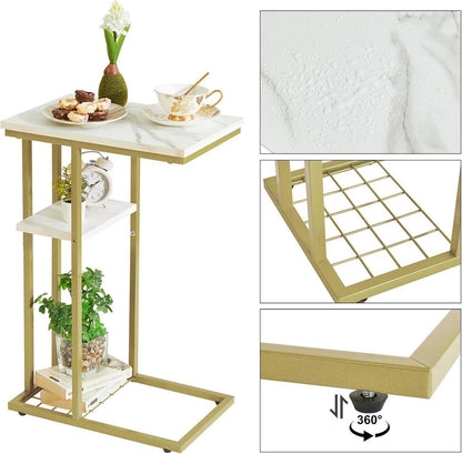 YMYNY Beistelltisch C-Form Marmormuster Weiß Gold 2er-Set 40x26x61,5cm