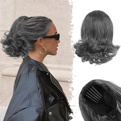Ponytail Extension 25cm Welliges Haarteil Grau Synthetisch