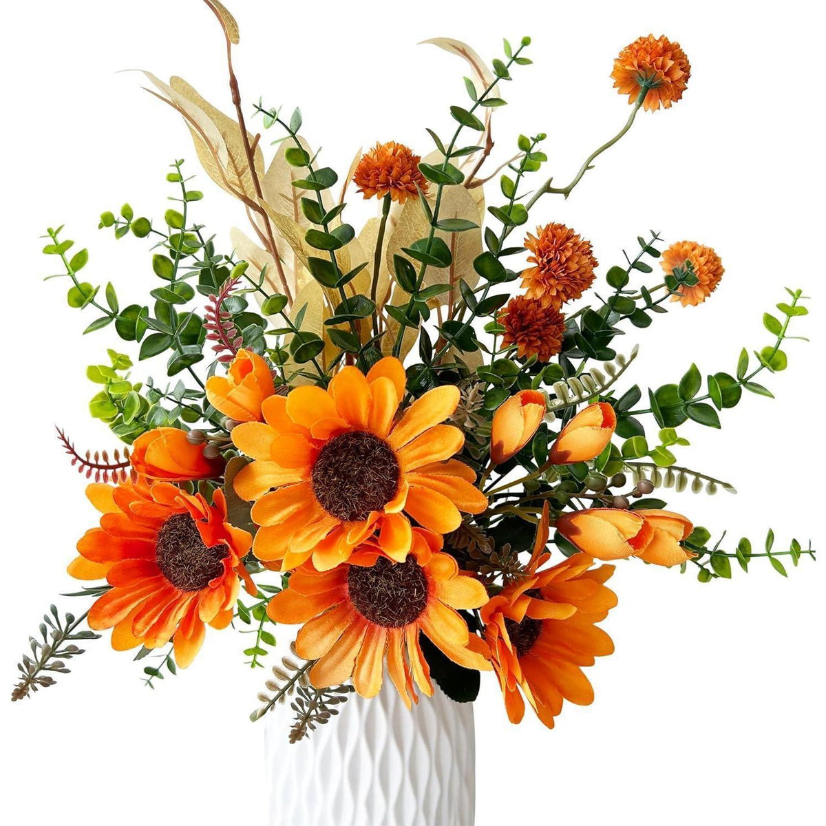 Künstlicher Sonnenblumenstrauß mit Eukalyptus und Herbstblumen 32cm Orange Grün