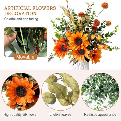 Künstlicher Sonnenblumenstrauß mit Eukalyptus und Herbstblumen 32cm Orange Grün