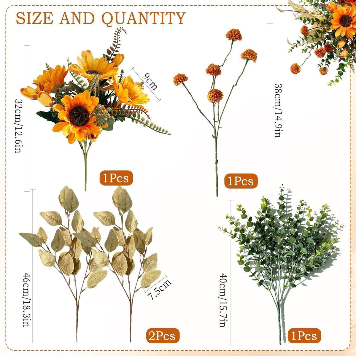 Künstlicher Sonnenblumenstrauß mit Eukalyptus und Herbstblumen 32cm Orange Grün