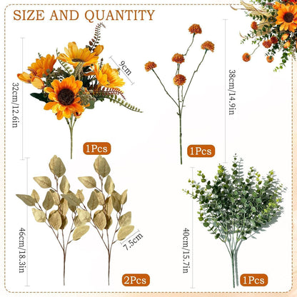 Künstlicher Sonnenblumenstrauß mit Eukalyptus und Herbstblumen 32cm Orange Grün