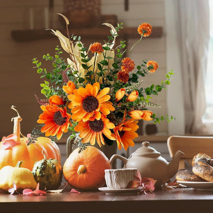Künstlicher Sonnenblumenstrauß mit Eukalyptus und Herbstblumen 32cm Orange Grün