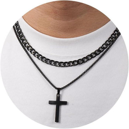 Herren Kreuz Anhänger Halskette Set Silber Gold Schwarz 2Pcs