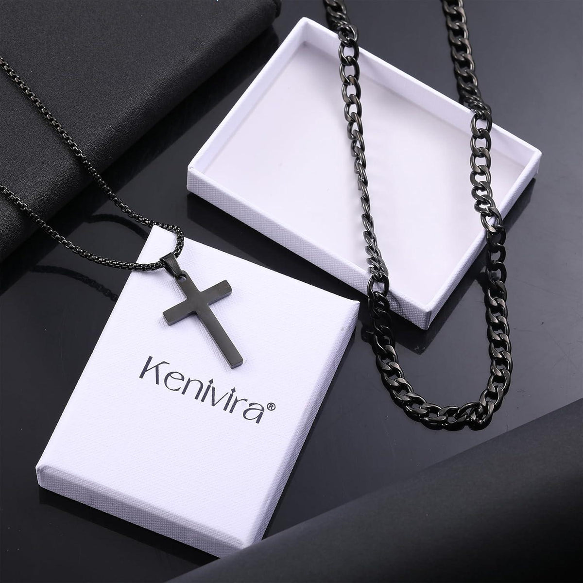 2Pcs Herren Kreuz Kette Halskette Silber Gold Schwarz 40cm 45cm