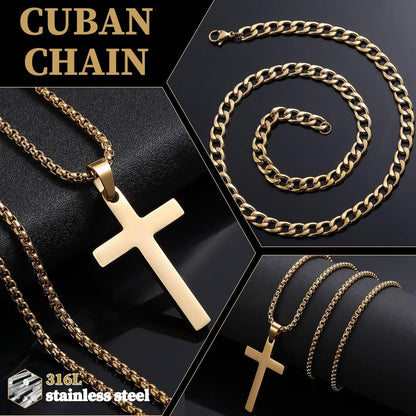 Herren Halskette Set Kreuz Anhänger Kubanische Kette Silber/Gold/Schwarz