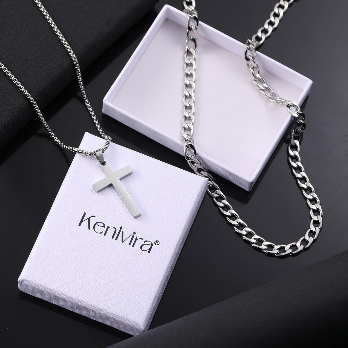 2-teilige Herren Halskette Kreuz Anhänger Kubanische Kette Silber Gold