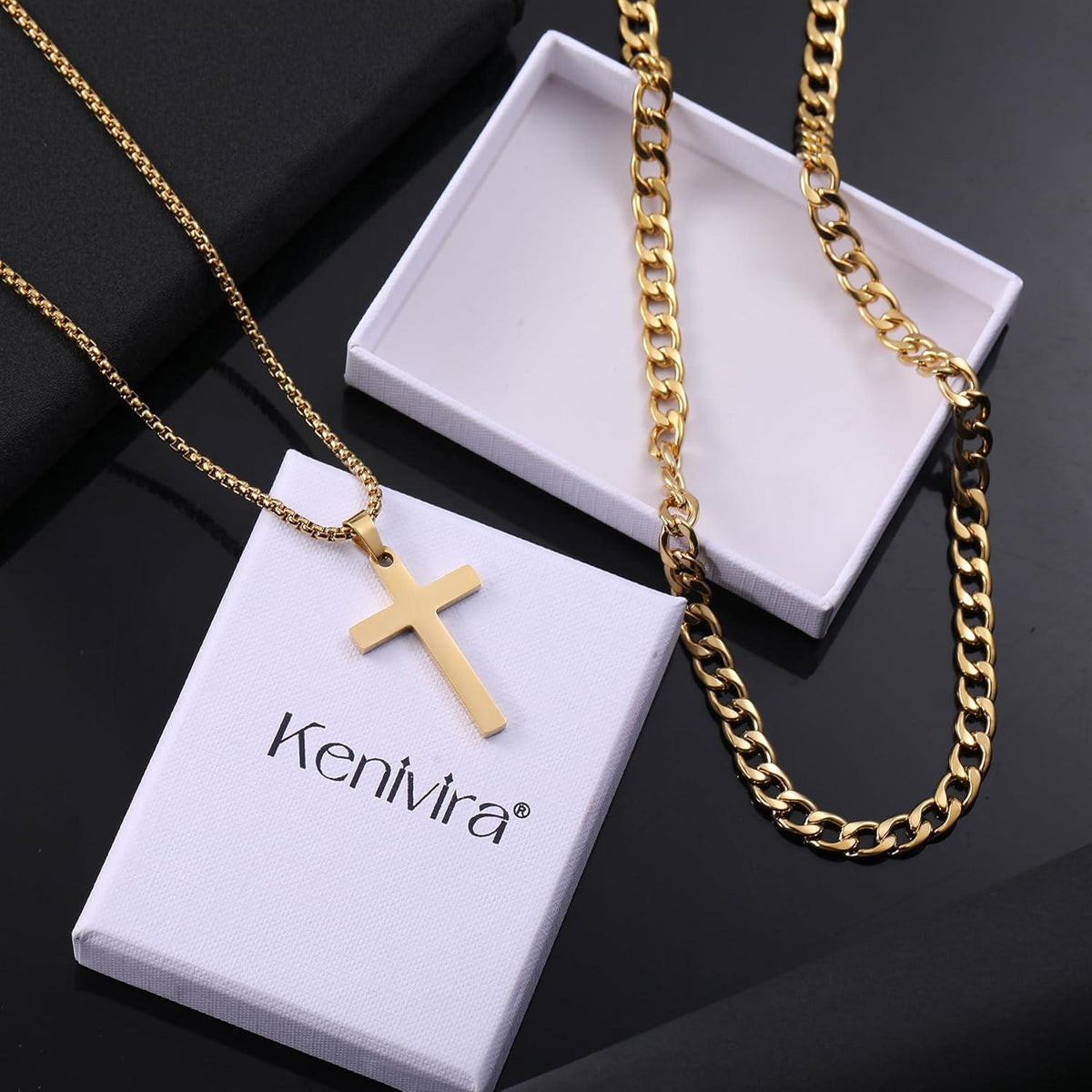 2Pcs Herren Kreuz Kette Kubanische Halskette Silber/Gold/Schwarz