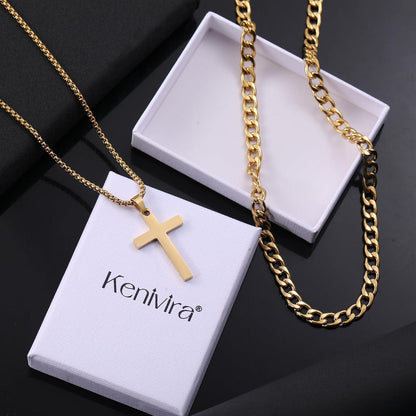 2Pcs Herren Kreuz Kette Kubanische Halskette Silber/Gold/Schwarz