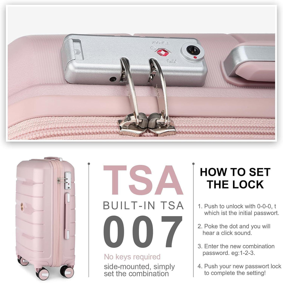 Rosa Handgepäckkoffer Trolley Erweiterbar mit TSA-Schloss 55cm