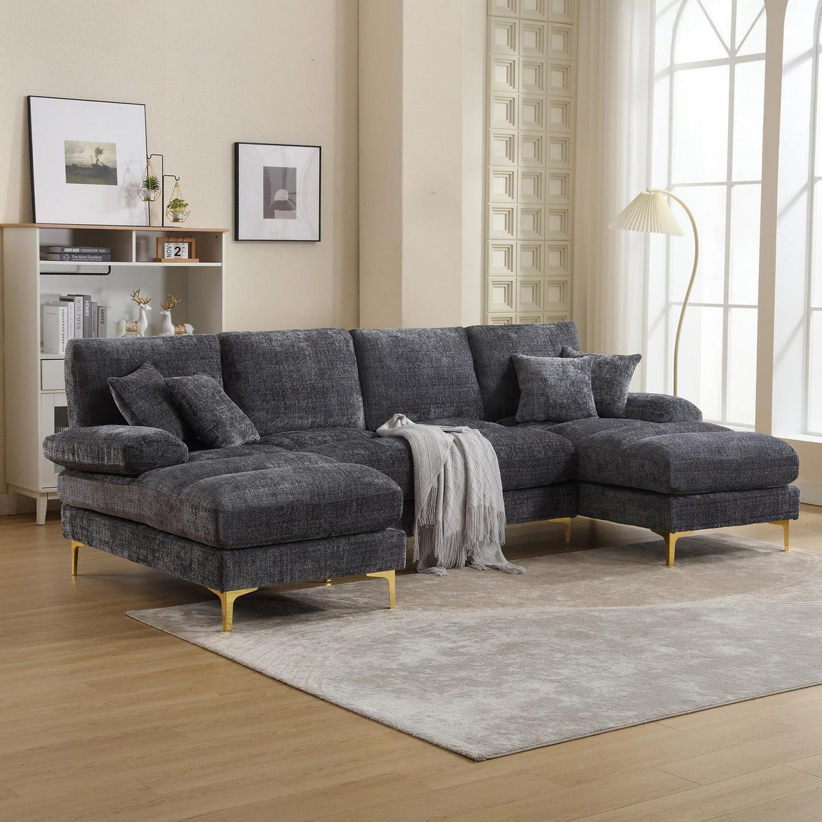 Modernes U-förmiges Chenille Sofa mit Liegefunktion (Grau)