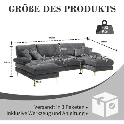 Modernes U-förmiges Chenille Sofa mit Liegefunktion (Grau)