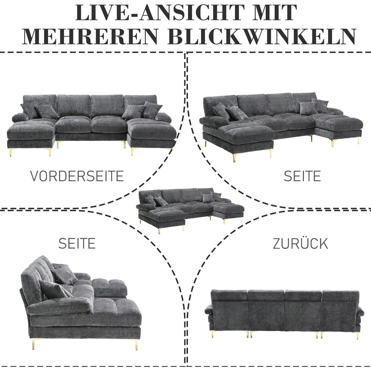 Modernes U-förmiges Chenille Sofa mit Liegefunktion (Grau)