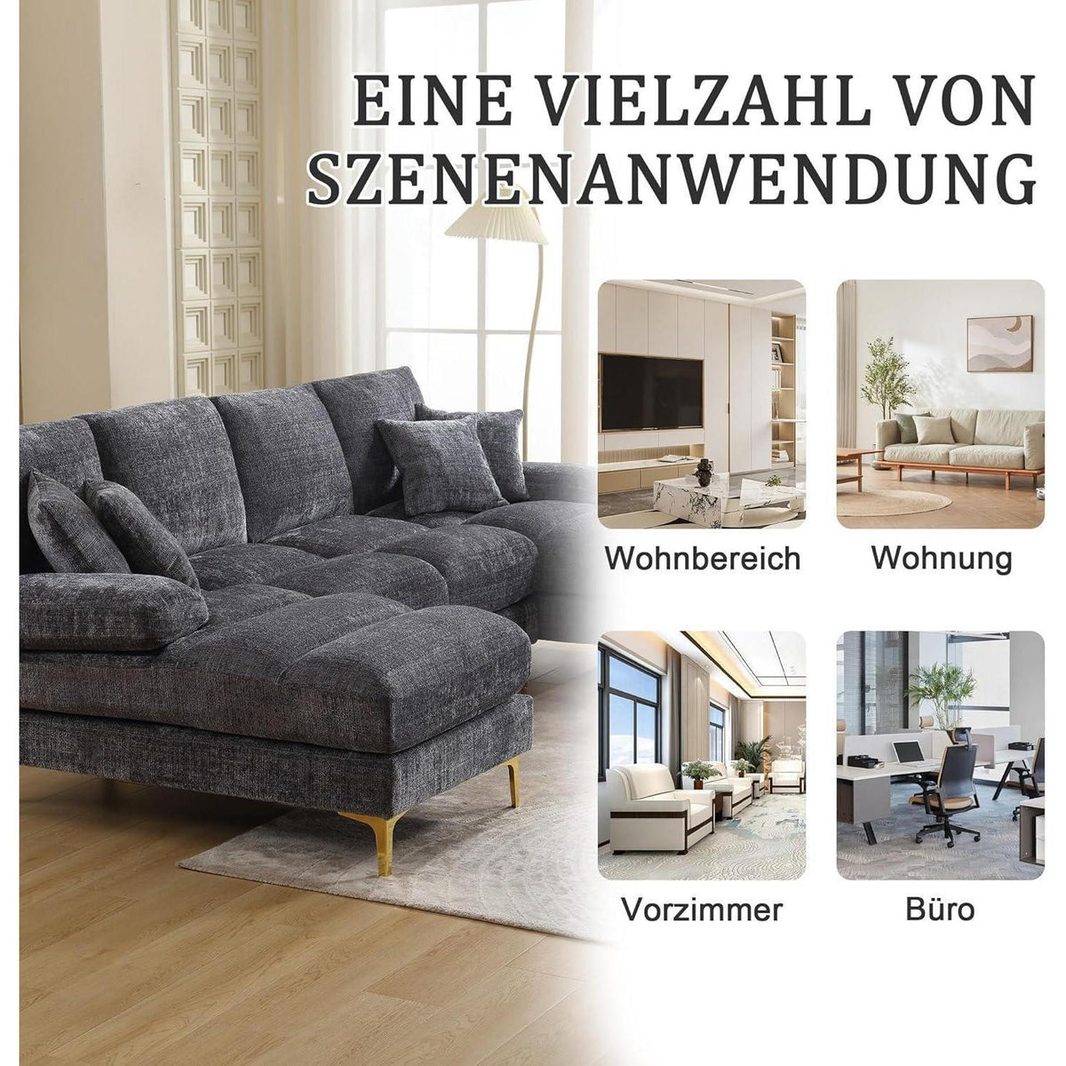Modernes U-förmiges Chenille Sofa mit Liegefunktion (Grau)
