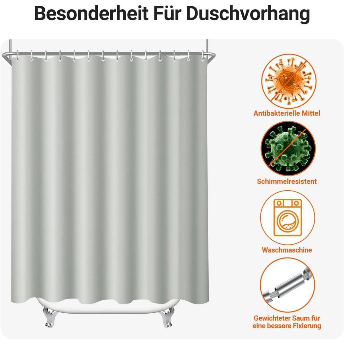 Duschvorhang Grau 180x180 cm Textil Wasserabweisend Waschbar mit Ringen