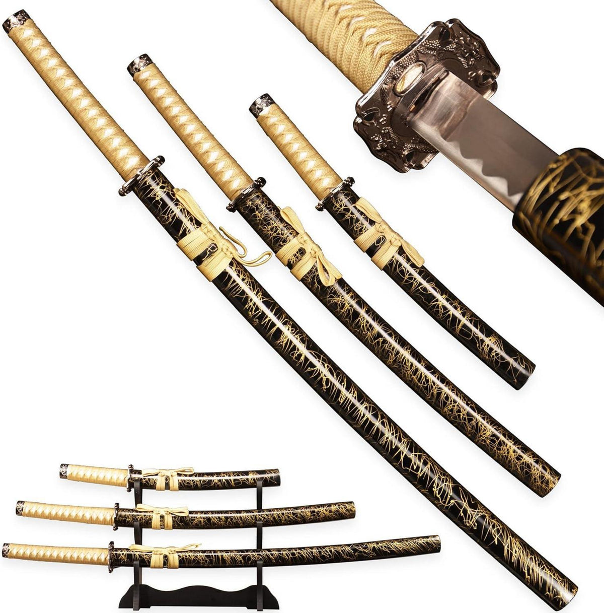 3-teiliger Satz japanischer Katana scharf 1065 Kohlenstoffstahl Metall