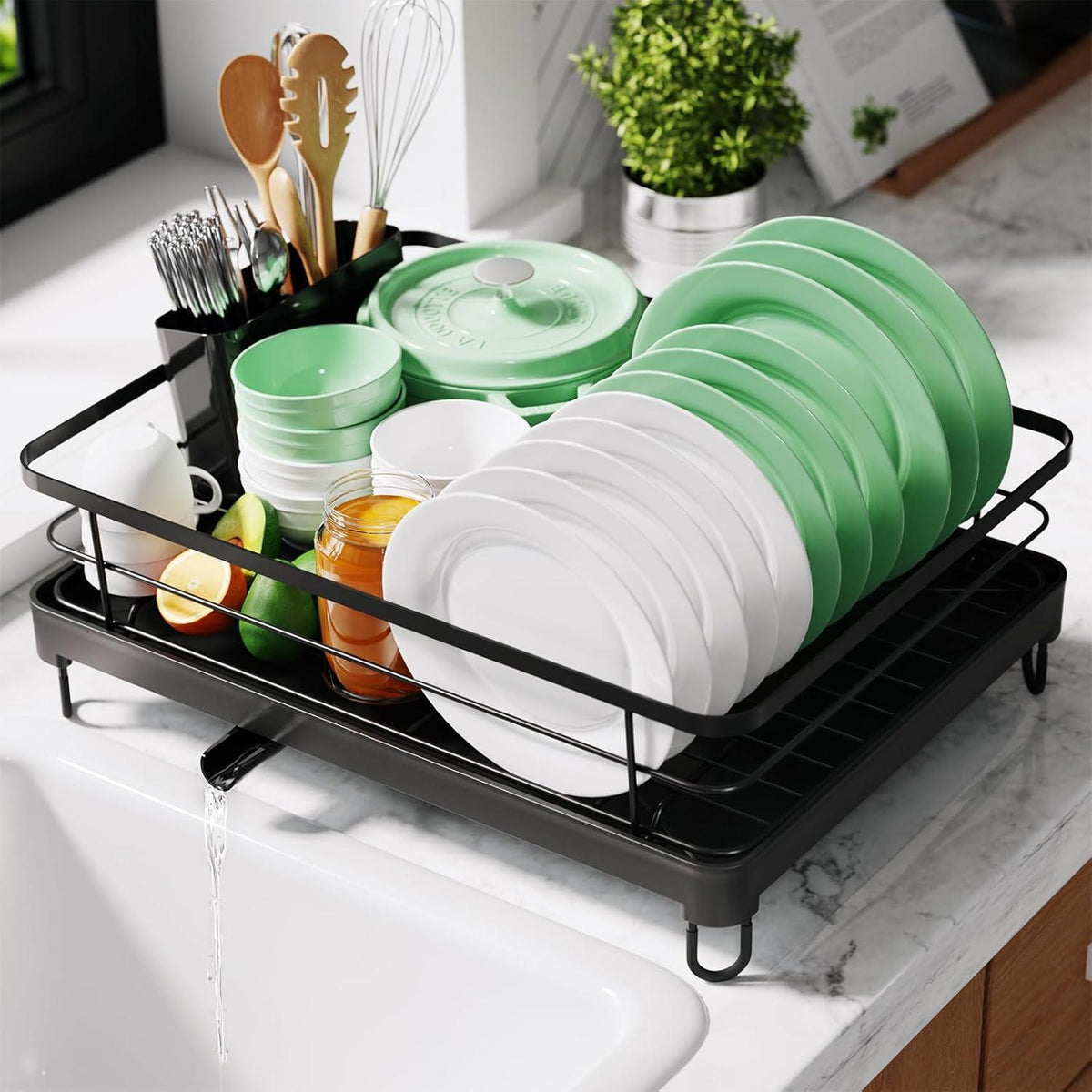 Abtropfgestell Edelstahl X-Large Schwarz mit Besteckhalter und drehbarem Auslauf