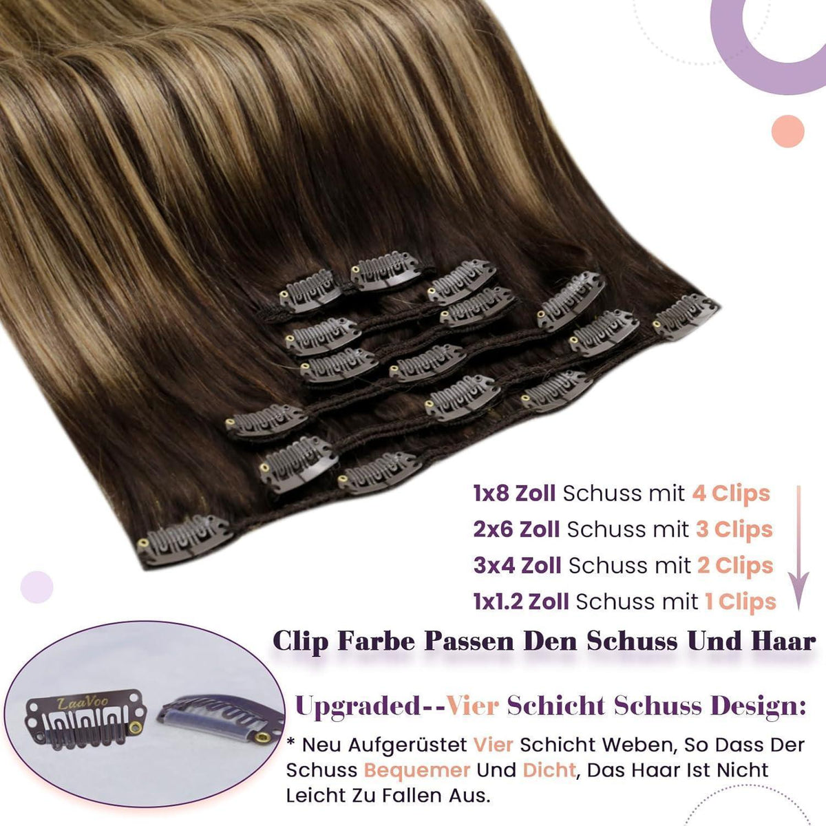 Echthaar Clip-in Extensions Balayage Dunkelbraun Karamellblond