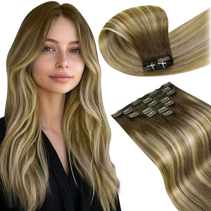 Echthaar Clip-in Extensions Ombre Braun-Blond 50cm