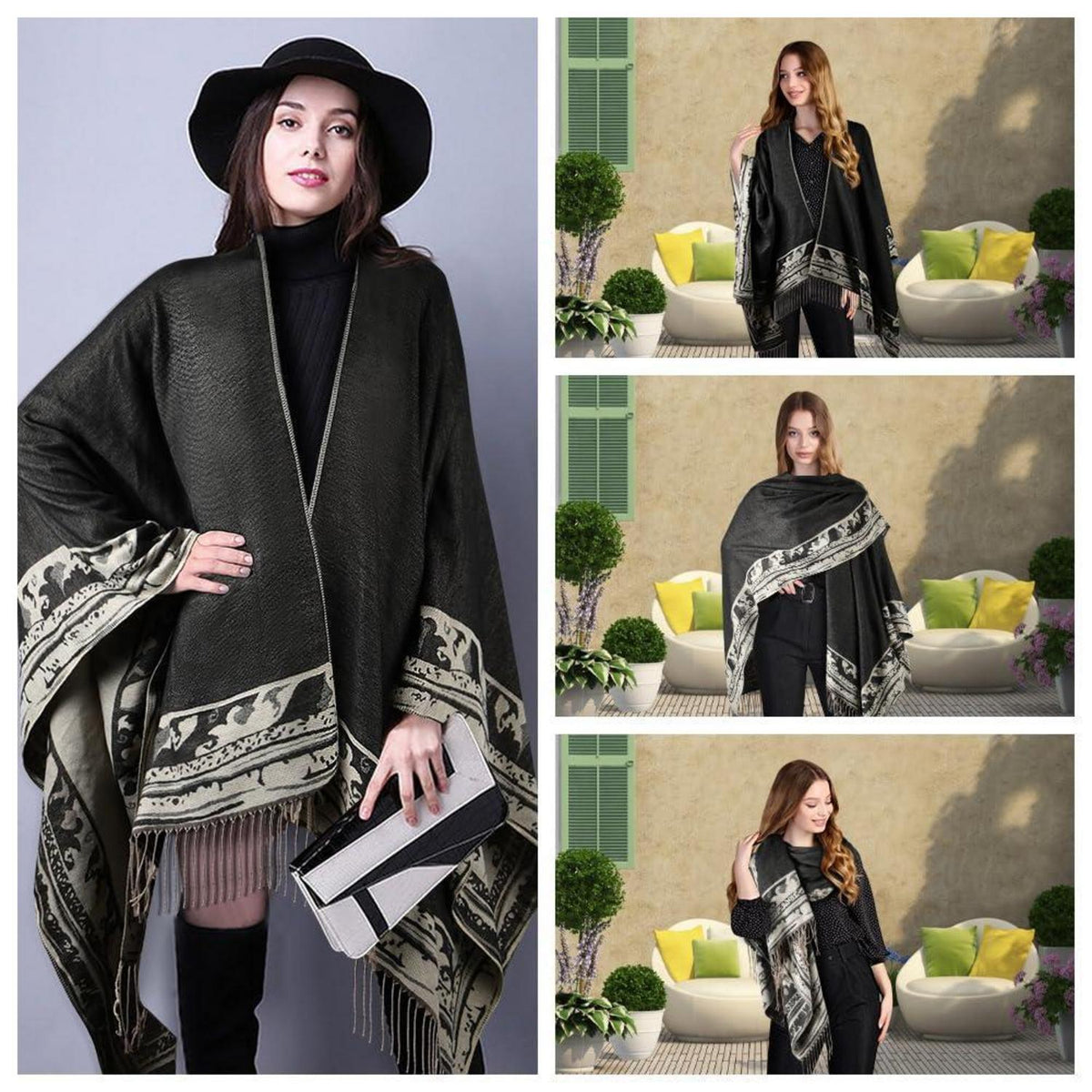 Damen Poncho Schal mit Quasten | Weicher Übergroßer Strickcardigan