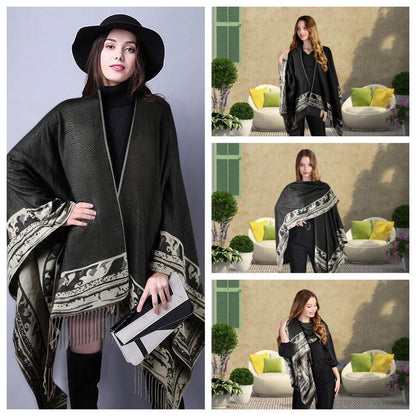 Damen Poncho Schal mit Quasten | Weicher Übergroßer Strickcardigan