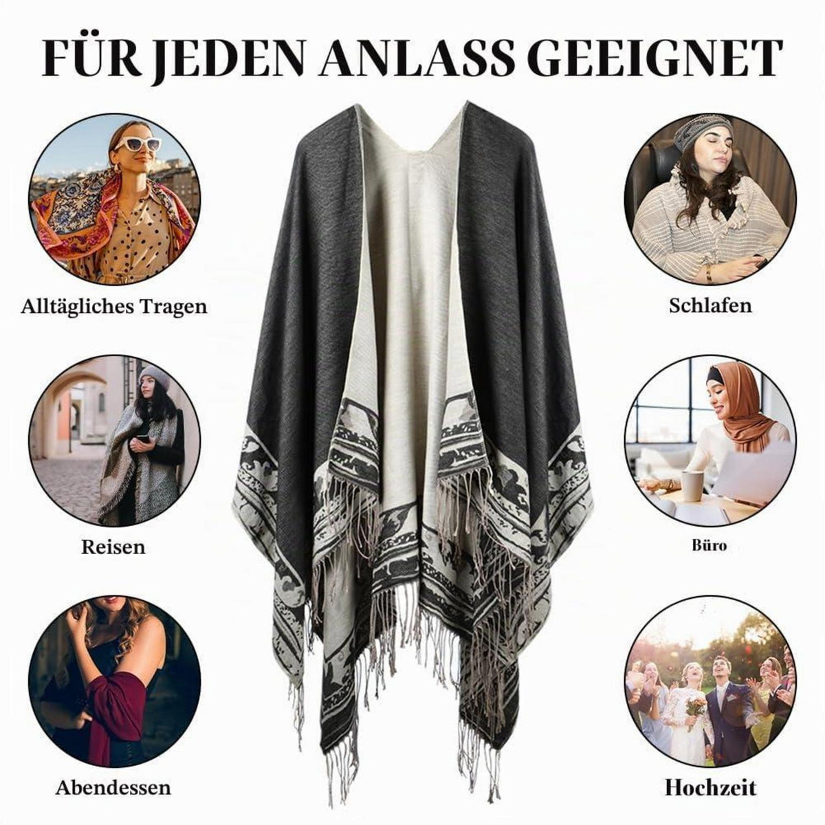Damen Poncho Schal mit Quasten | Weicher Übergroßer Strickcardigan
