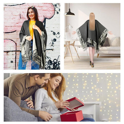 Damen Poncho Schal mit Quasten | Weicher Übergroßer Strickcardigan