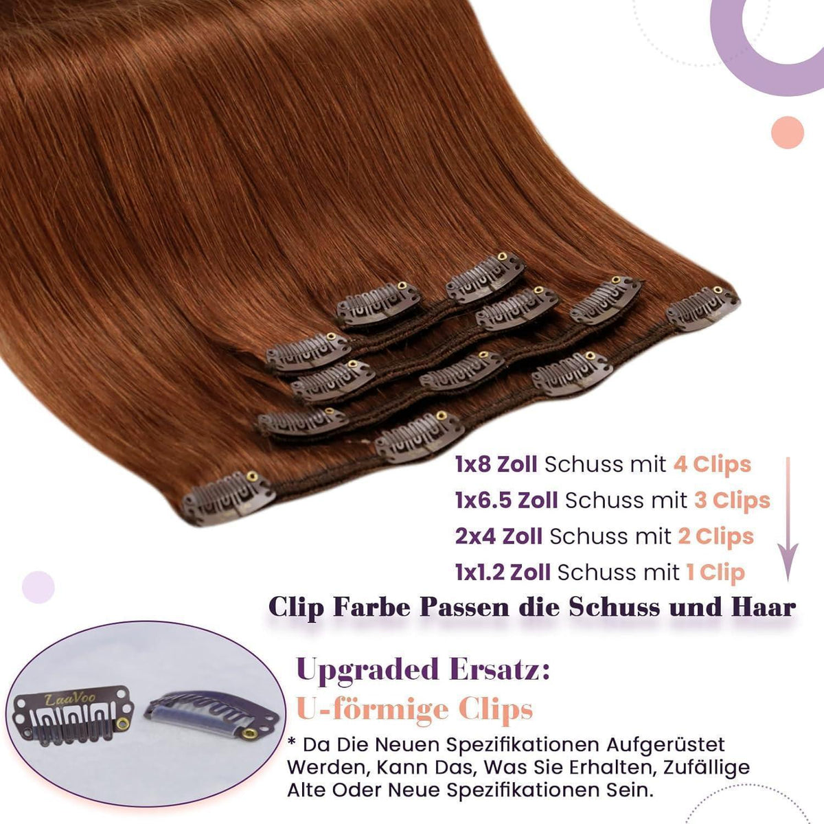 Rote Clip-in Haarverlängerung Echthaar 35cm - 5 Stück