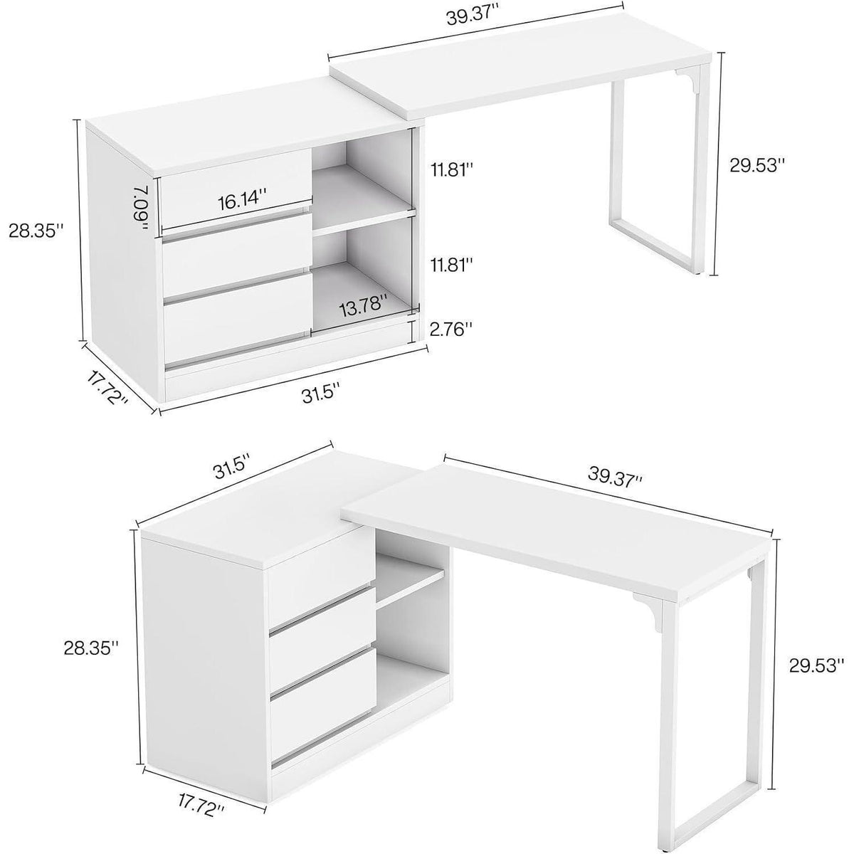 L-förmiger Schreibtisch mit Schubladen & Regalen – Weißes Homeoffice