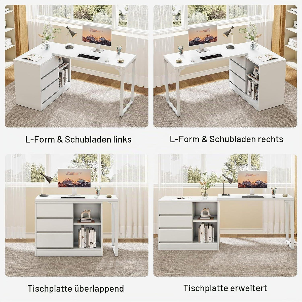 L-förmiger Schreibtisch mit Schubladen & Regalen – Weißes Homeoffice