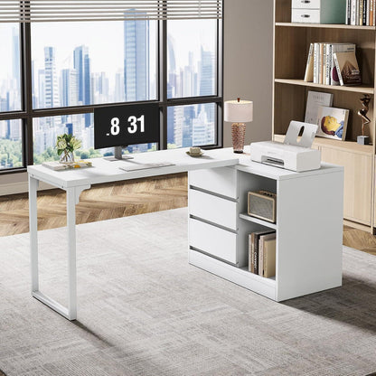 L-förmiger Schreibtisch mit Schubladen & Regalen – Weißes Homeoffice