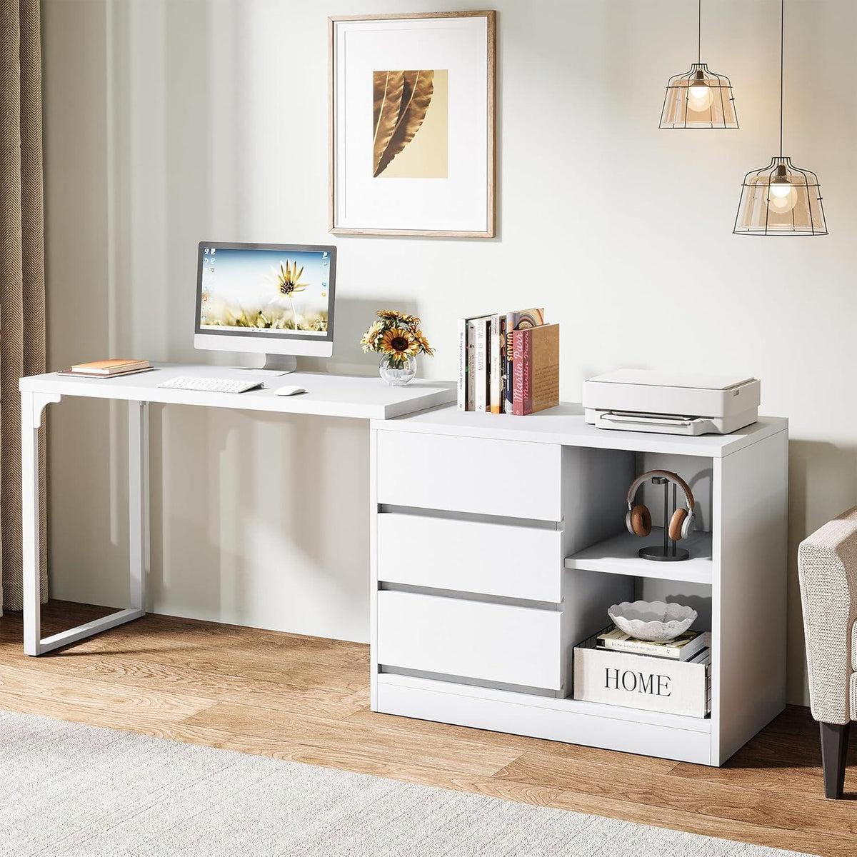 L-förmiger Schreibtisch mit Schubladen & Regalen – Weißes Homeoffice