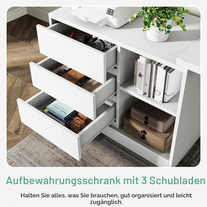 L-förmiger Schreibtisch mit Schubladen & Regalen – Weißes Homeoffice