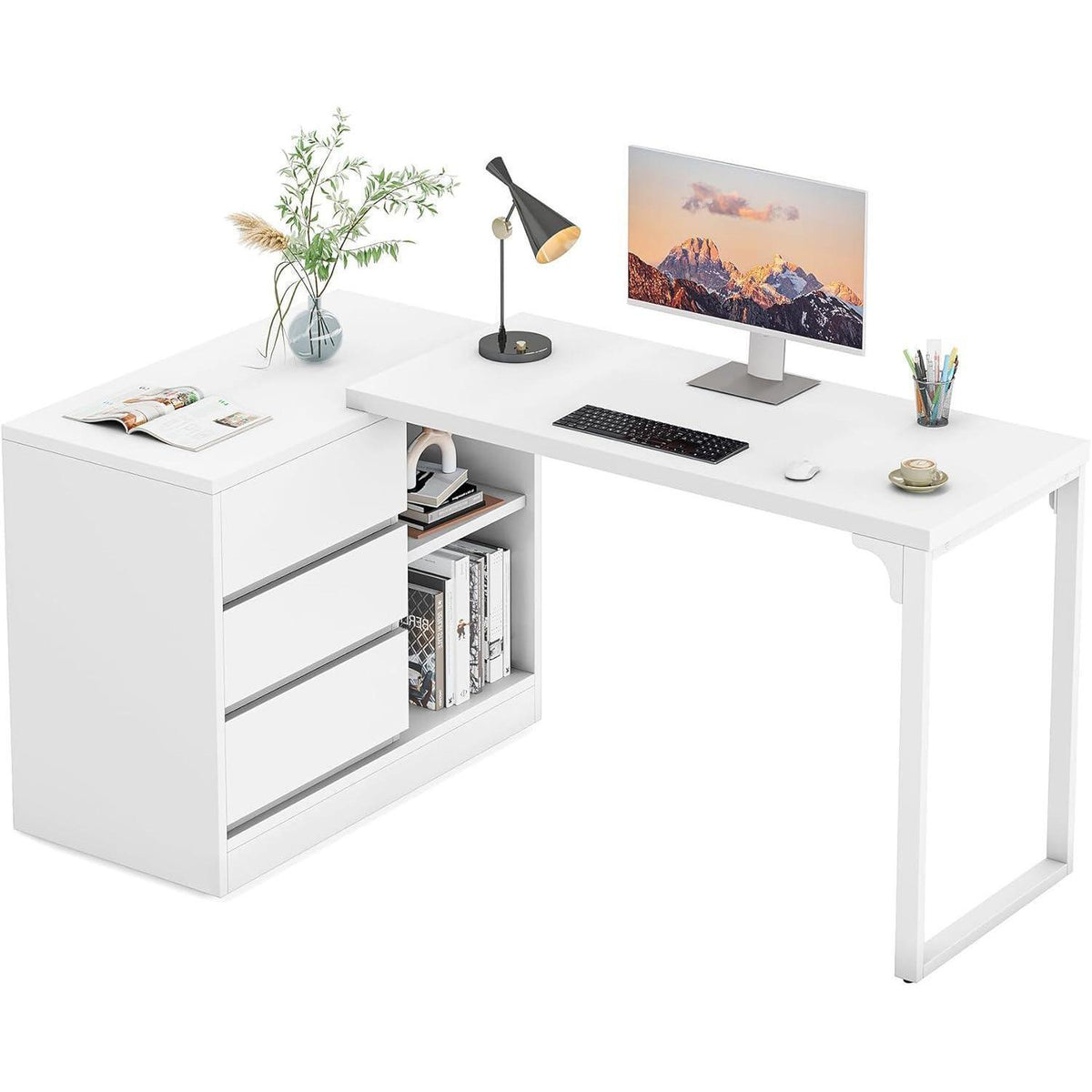 L-förmiger Schreibtisch mit Schubladen & Regalen – Weißes Homeoffice