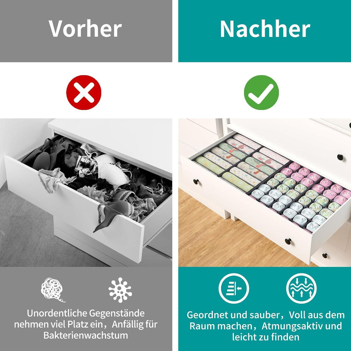 ORLISA Schubladen Organizer Hemnes Kommode 108x96cm, Babykleidung Socken Aufbewahrungsbox 4er set Grau