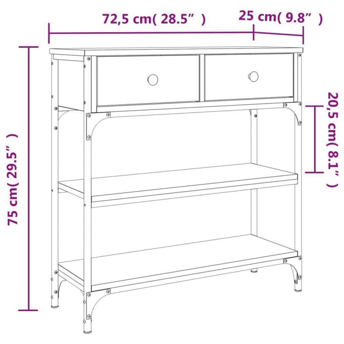 Schmaler Konsolentisch 3-stöckig mit Schubladen & Unterregalen, Braun