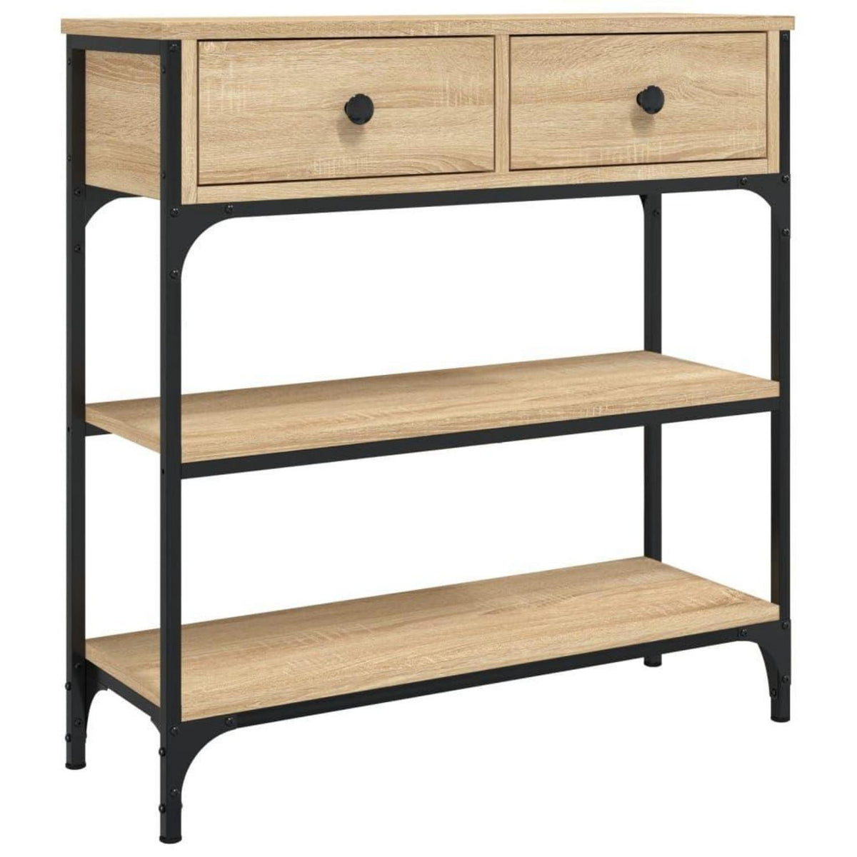 Schmaler Konsolentisch 3-stöckig mit Schubladen & Unterregalen, Braun