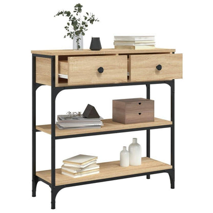 Schmaler Konsolentisch 3-stöckig mit Schubladen & Unterregalen, Braun