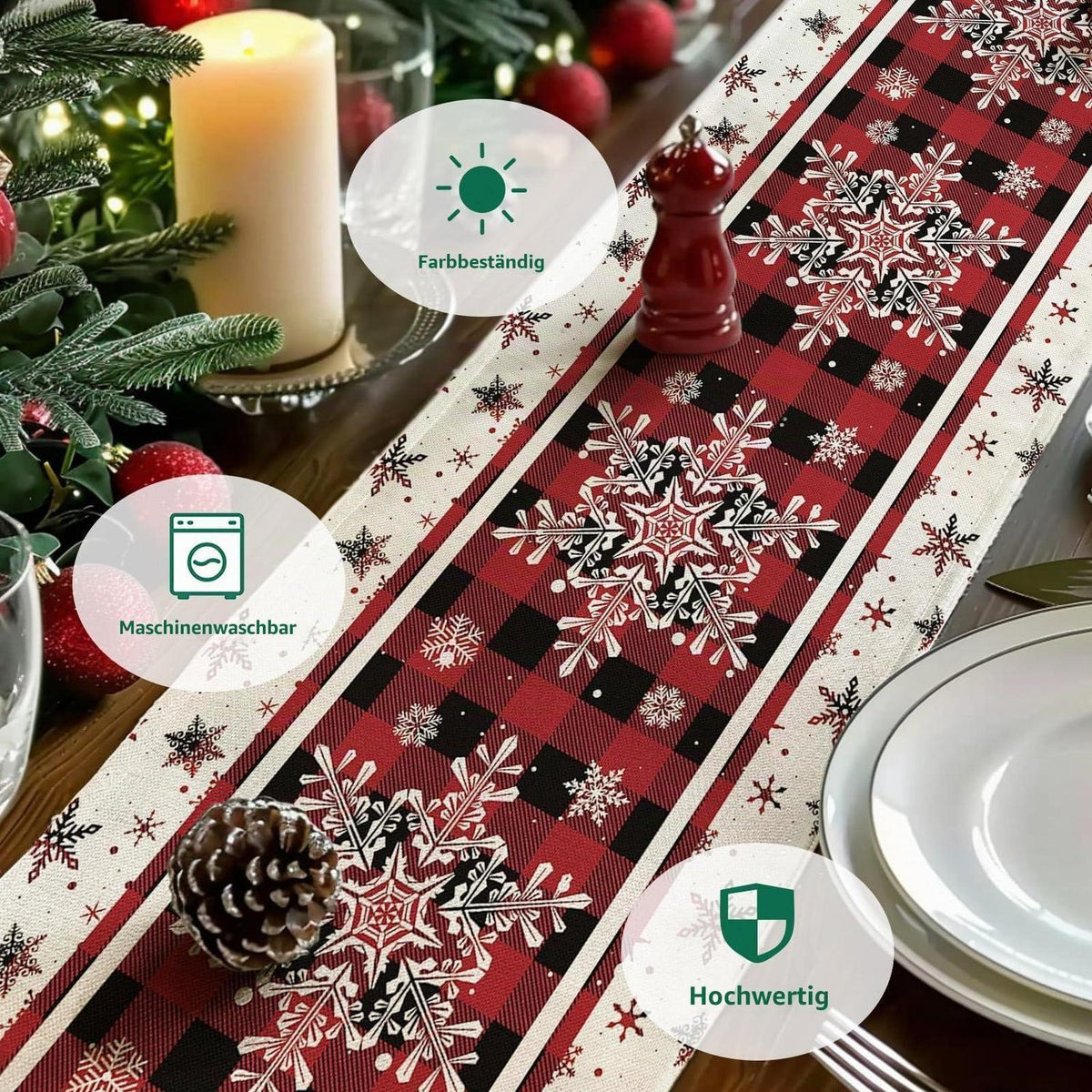 Weihnachtlicher Tischläufer Rot mit Schneeflocken – 180 cm