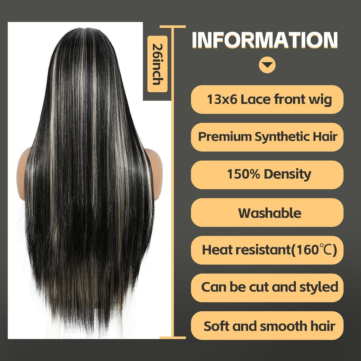 Lange gerade Perücke Schwarz Highlights 13x6 Lace Front Perücke