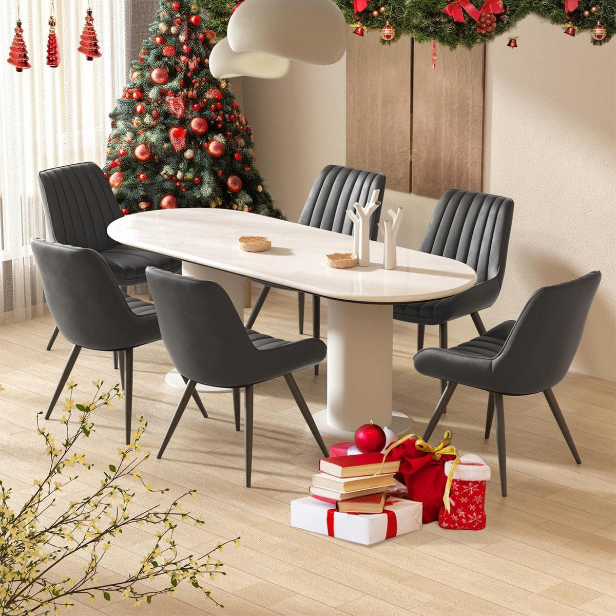 Esszimmerstühle 6er Set | Polsterstühle Schwarz mit Sitzkissen