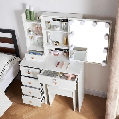 Schminktisch mit LED-Beleuchtung, Hocker und