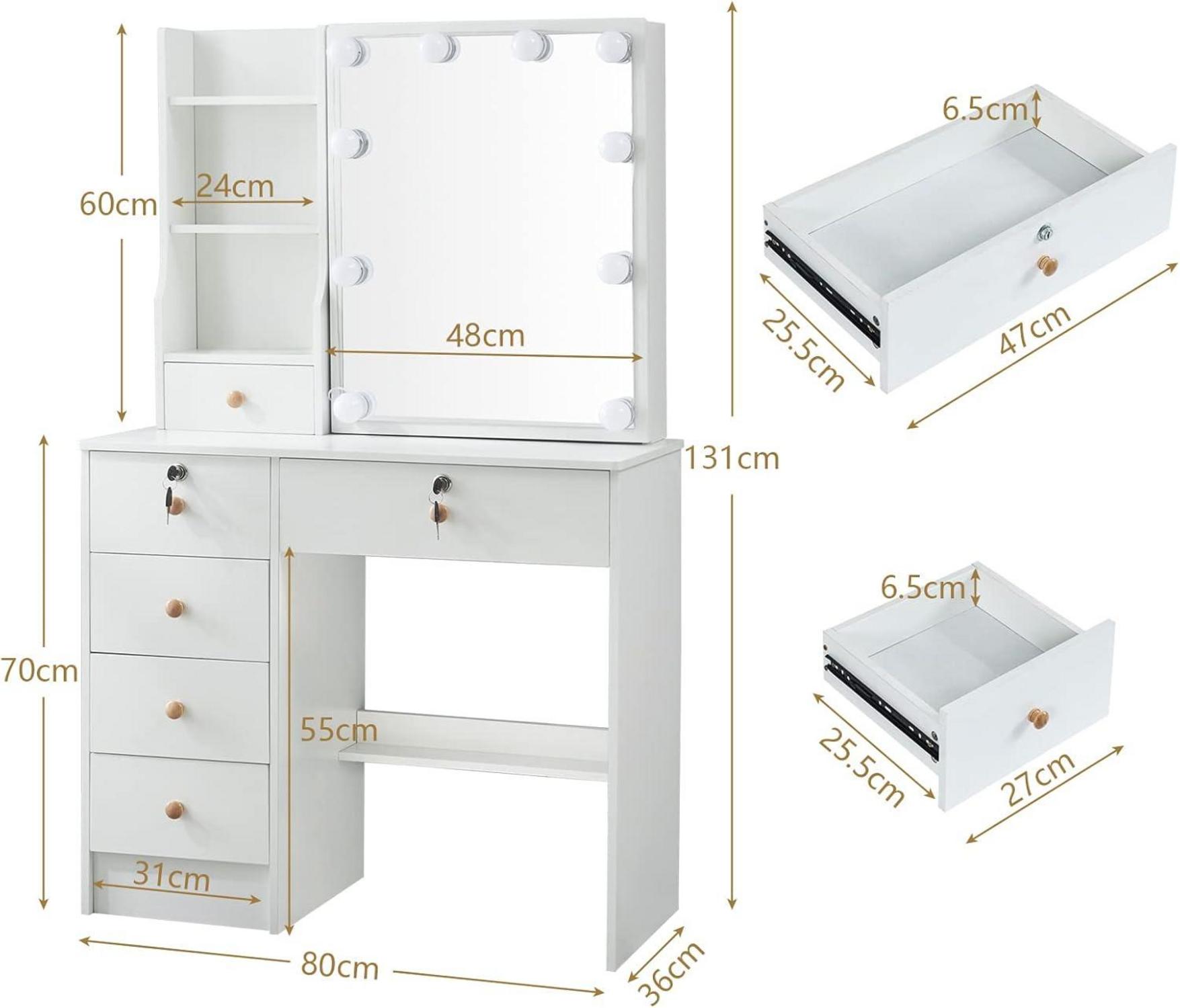 Schminktisch mit Spiegel und Beleuchtung, Frisiertisch Weiß 36x80x131cm