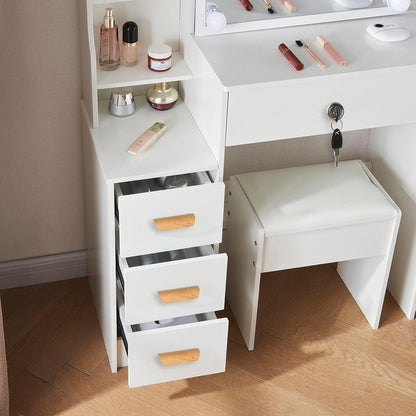 Schminktisch mit LED Beleuchtung und Spiegel, Hocker, 4