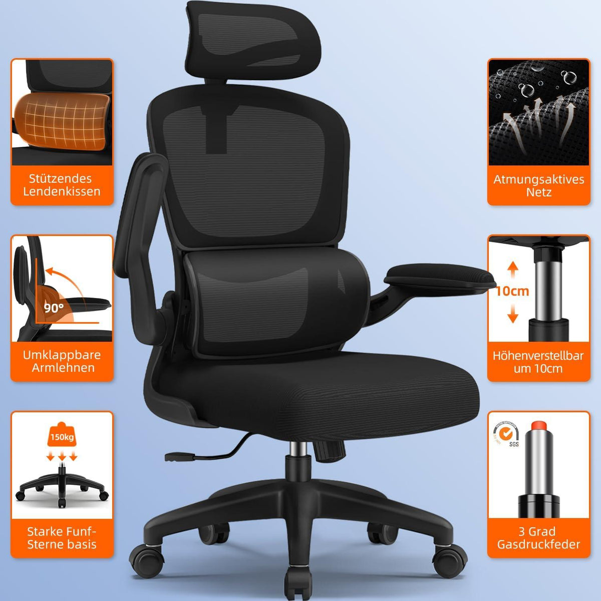 Ergonomischer Bürostuhl mit Verstellbarer Kopfstütze und