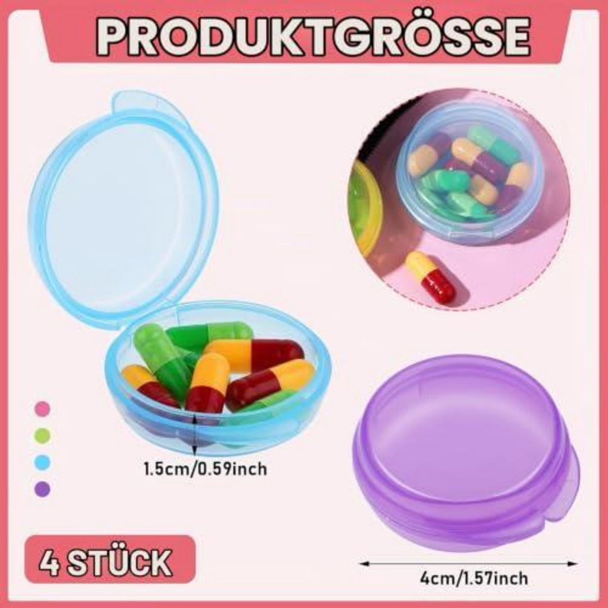 4x Kleine Pillendose - Tragbarer Pillen-Organizer für Reisen