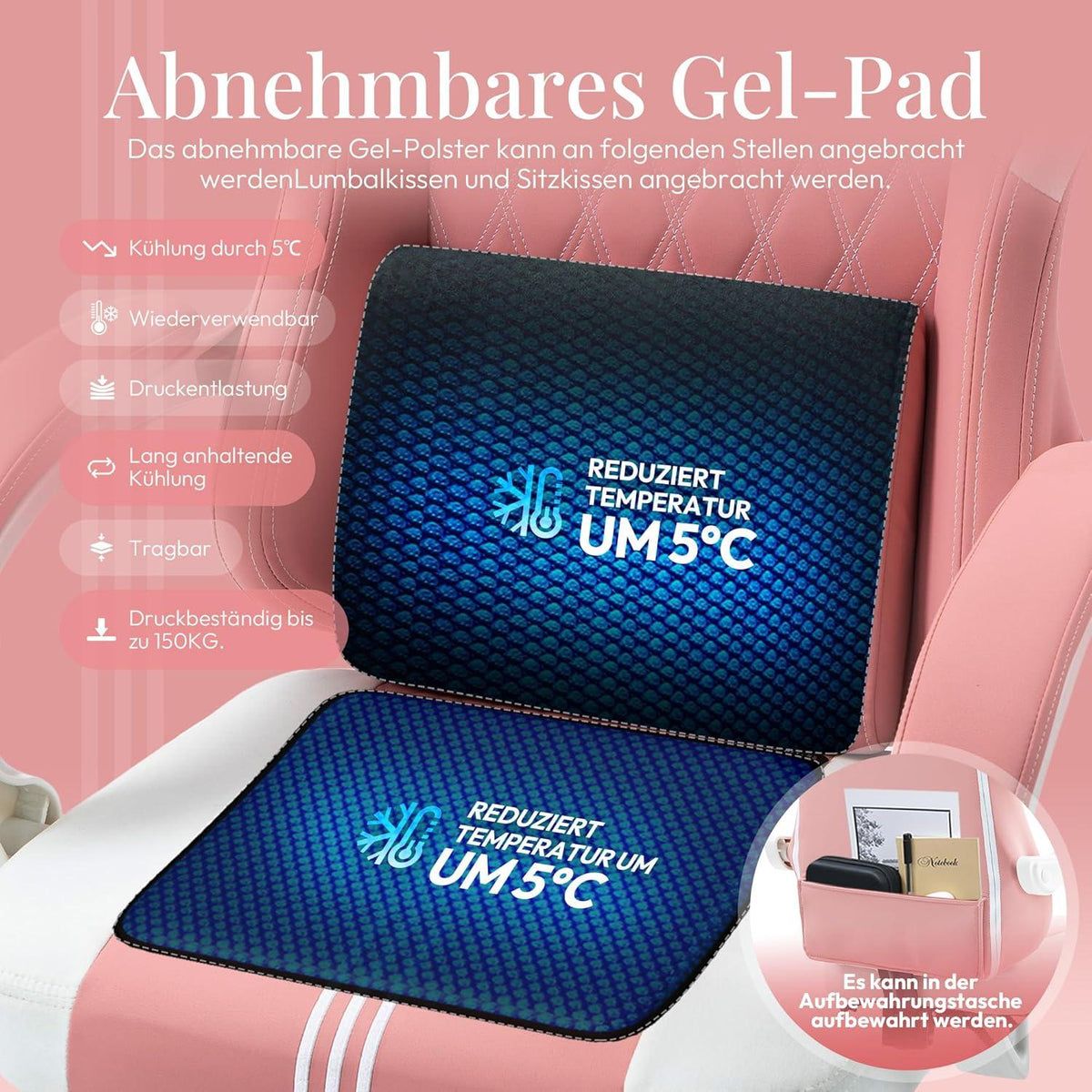 Gaming Stuhl mit Taschenfederkissen und Kühlung Gel, Ergonomischer