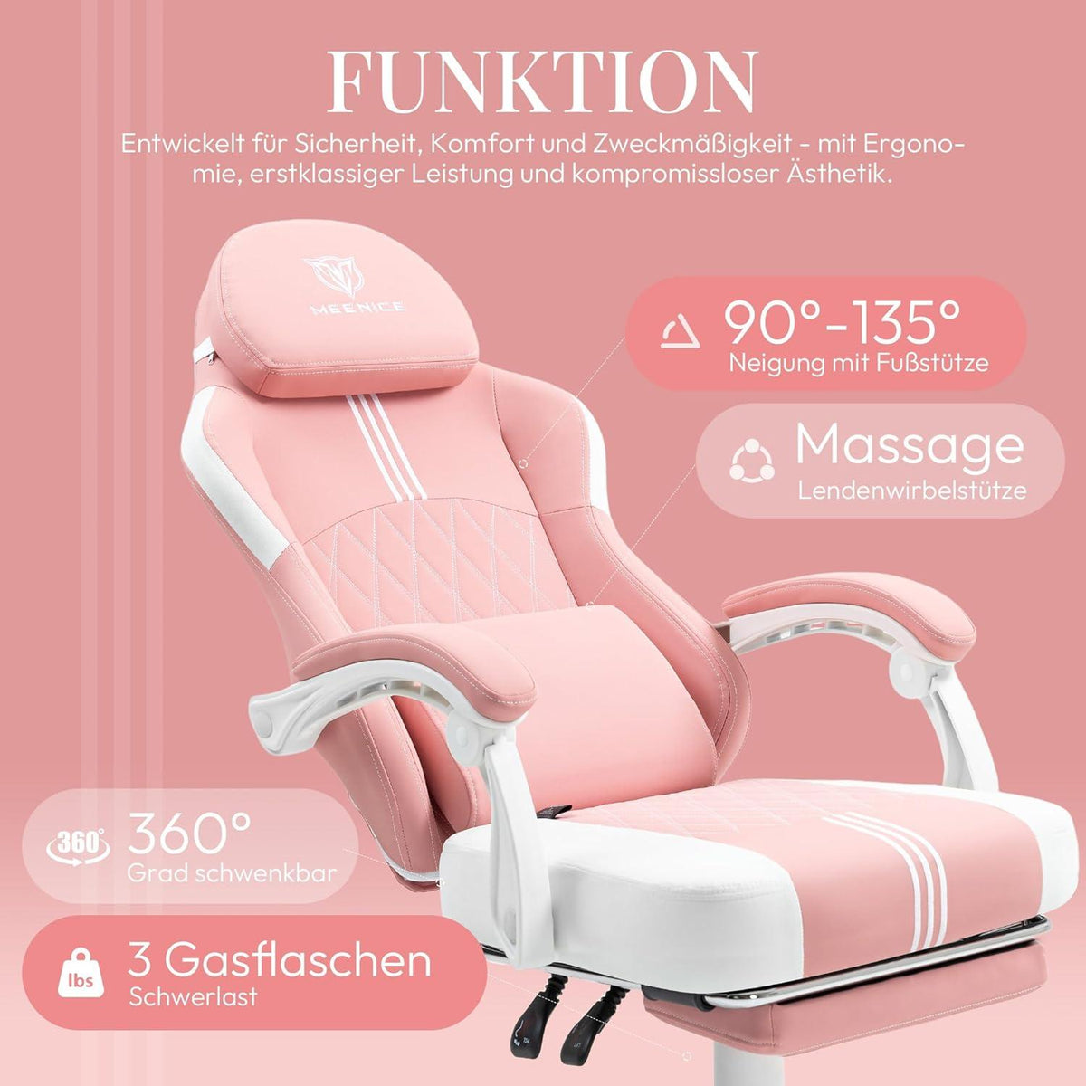 MEENICE Gaming Stuhl mit Taschenfederkissen und Kühlung Gel, Massage Sessel, Ergonomischer Game Stuhl für Erwachsene in Rosa Leder
